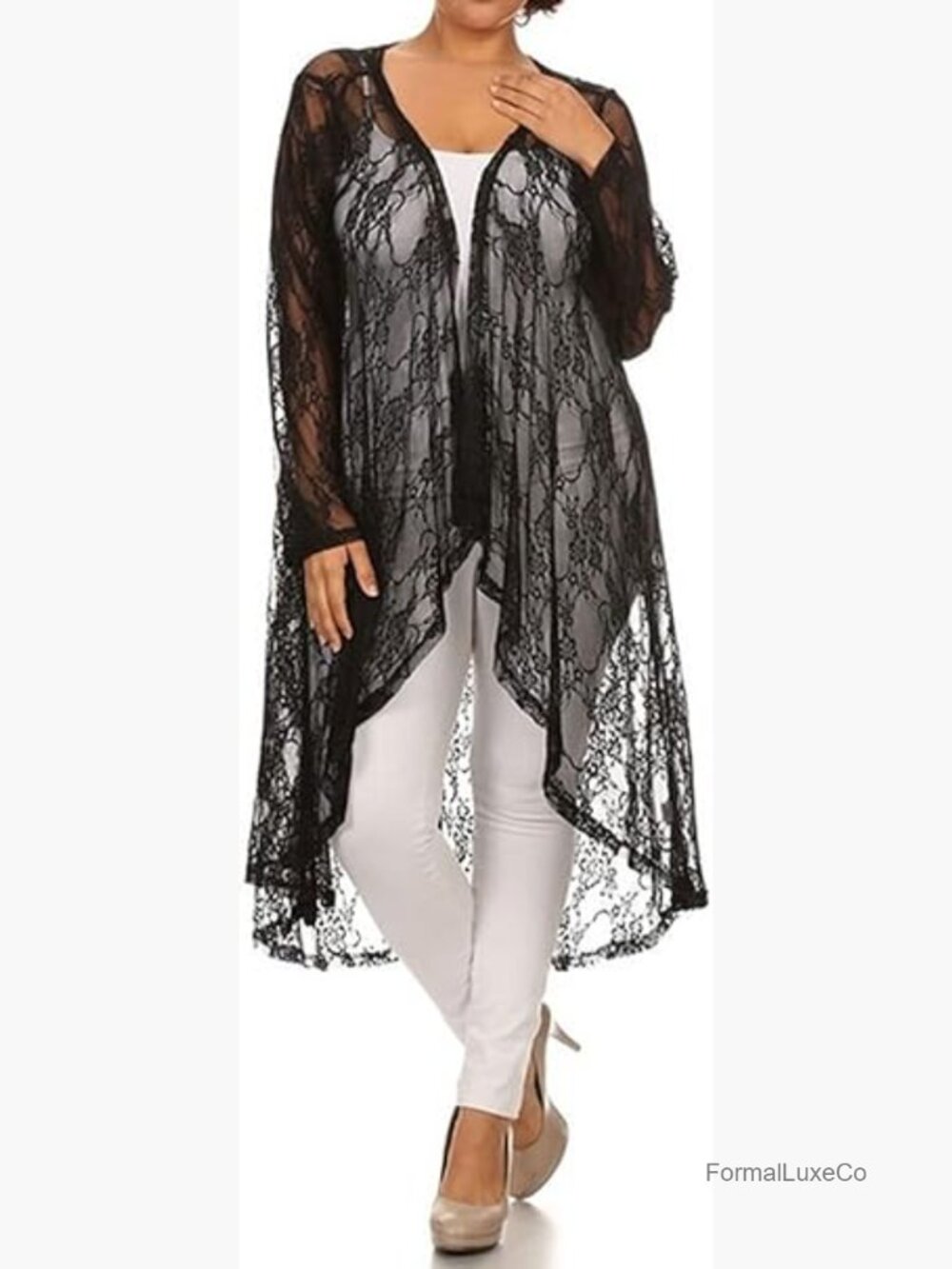 Sheer Lace Long Sleeve Duster Cardigan Open Front Hi Low Asymmetric